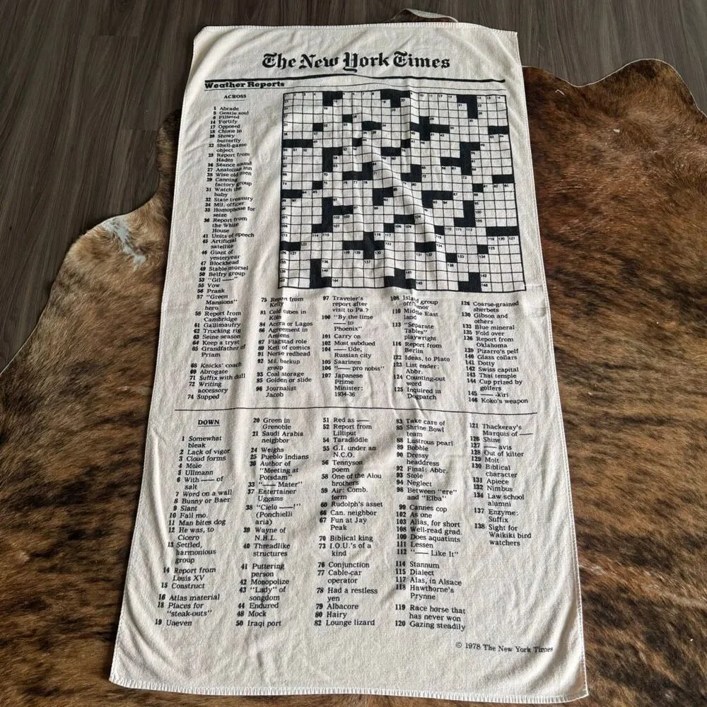 Vintage 1978 The New York Times Crossword Puzzle Towel 100% Cotton Retro Kitsch
